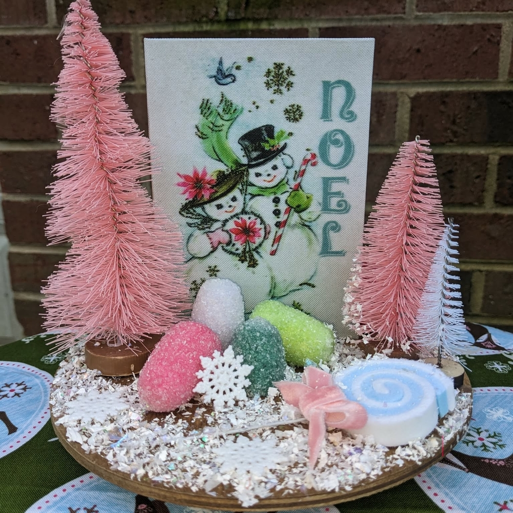 Charming Noel Snowman Holiday Scene with Pink Trees